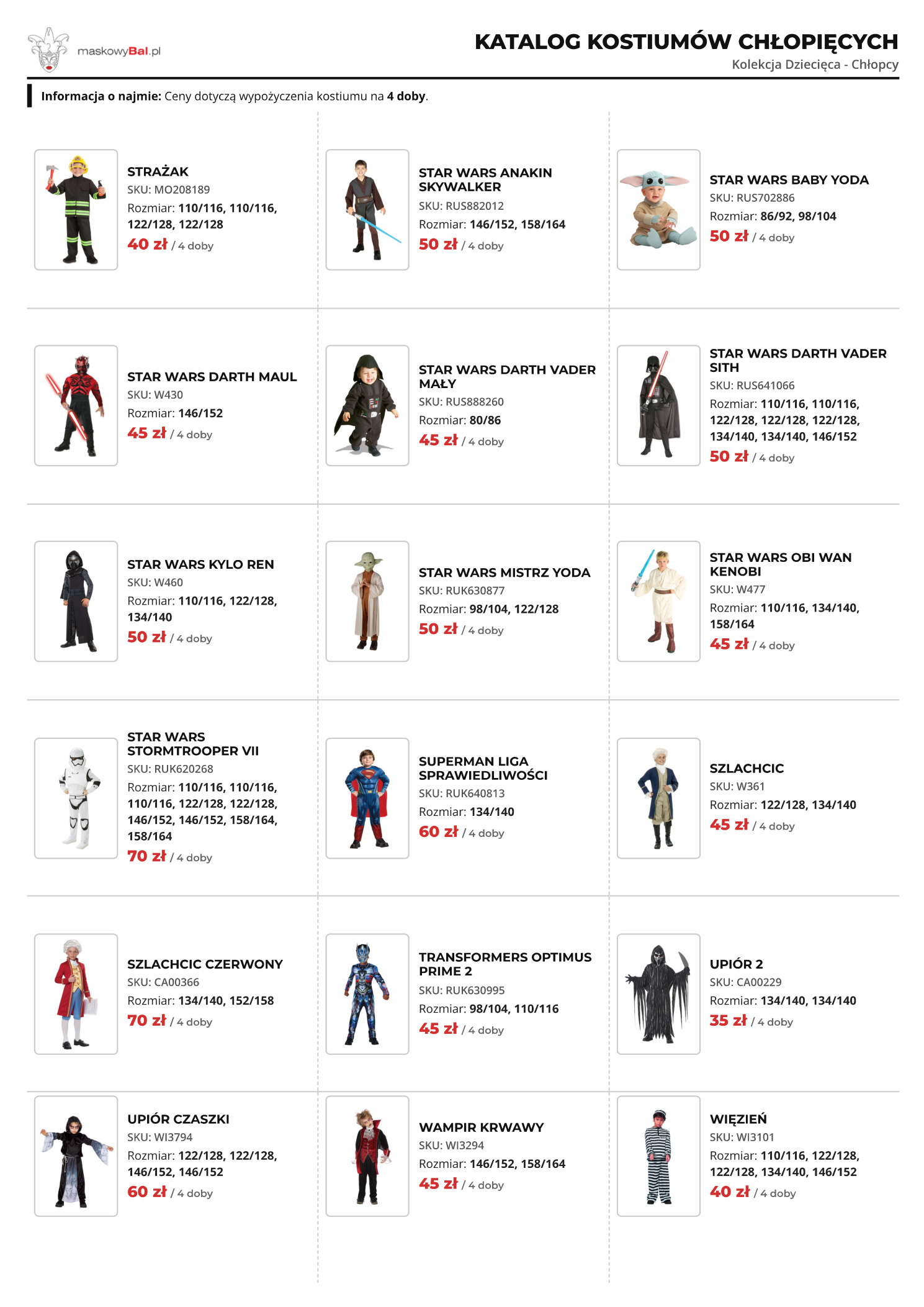 Katalog chłopców wypożyczalni strojów Maskowy Bal